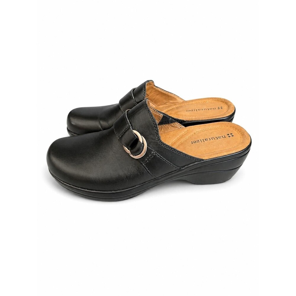 Naturaluzer Womens Black Leather Clog Mule Slip On Buckle Strap Shoe Size 8.5M
